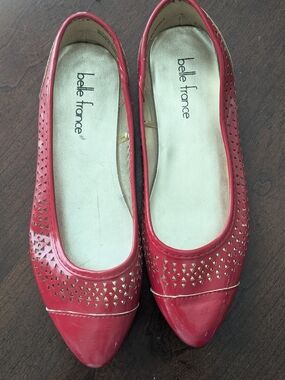 Vintage Belle France Cherry Red Perforated Pointed Toe Flats - Women's Size 6